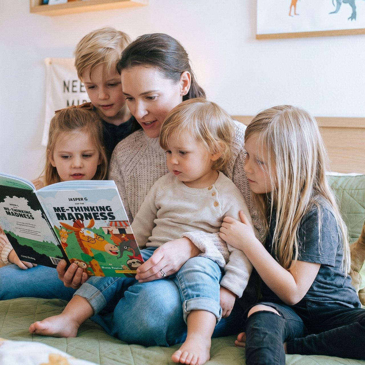 Mother reading a printed children's picture book with four young kids on a cozy bed surrounded by a home library — Readlino US bookstore