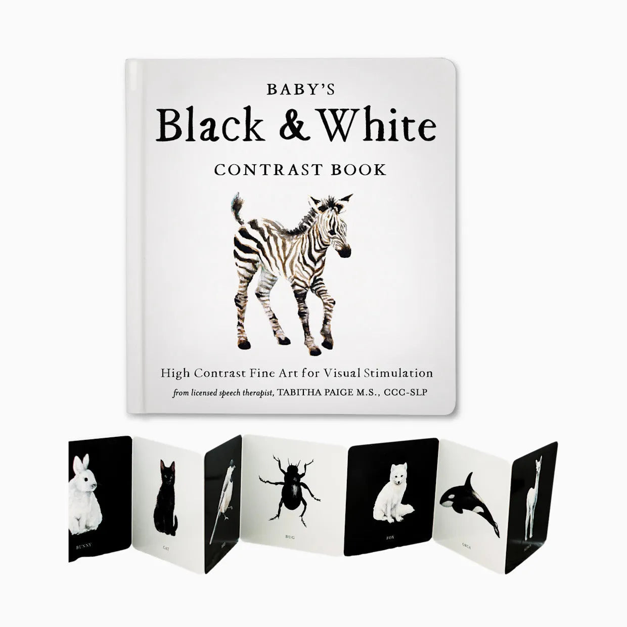 Baby's Black & White Contrast Book, 6x6 hardcover with zebra cover, showing accordion pages with animal art.